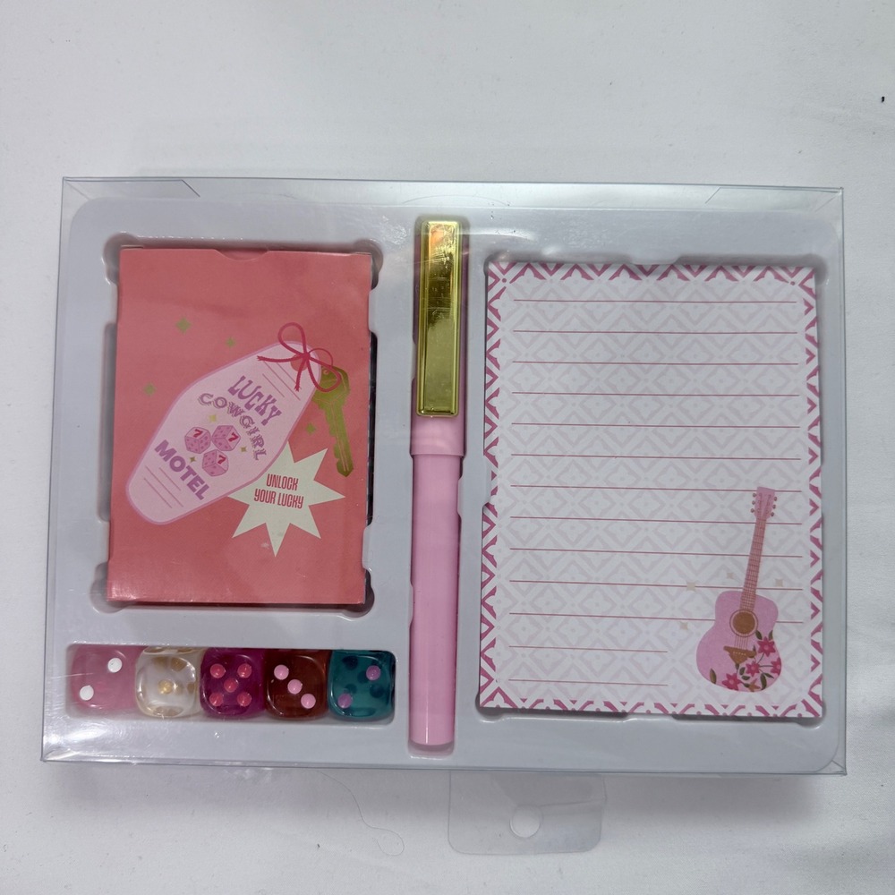 Lucky Cowgirl Motel Stationery Set Playing Cards Notepad Pen Dice Pink Western